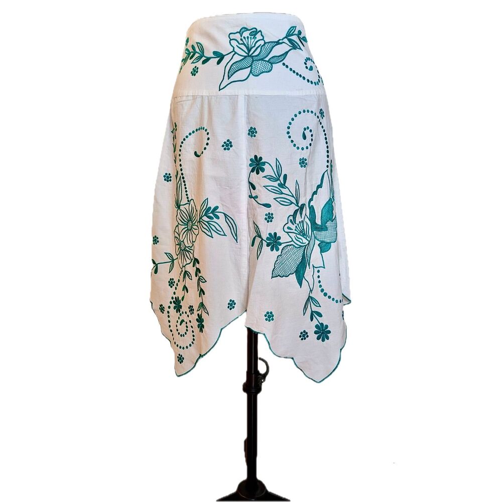 VTG 90s Rampage Embroidered Cotton Hi Waist Handkerchief Hem Midi Skirt, Sz. 0